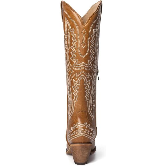 Women's Western Knee Chunky High Heel Brown Embroidered Side Zipper Boots - Picture 3 of 7